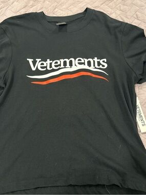 Vetements Black Tee with White and Red Wave Logo